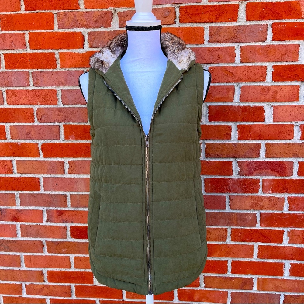 Jack by BB Dakota Zip Front Fur Lined Hooded Green Vest With Pockets Women Small